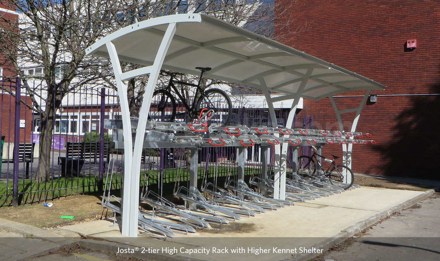 Josta 2-tier cycle parking system under a Kennet shelter